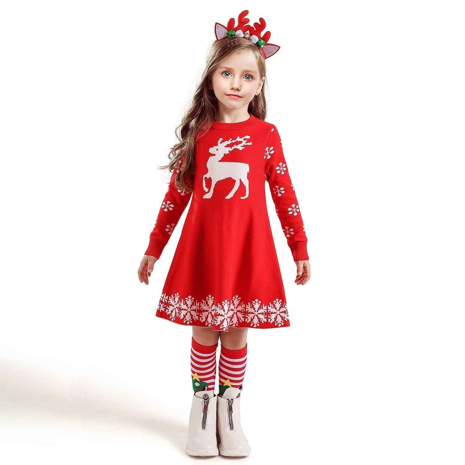 Christmas Dress for Girls Deer Snowflake Printed Sweater Winter Skirt