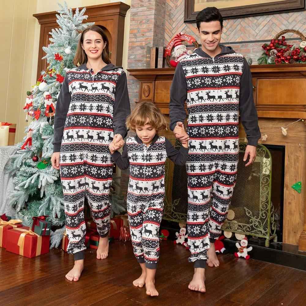 Christmas Family Matching Pajamas Blue Print Elk Hooded Jumpsuit