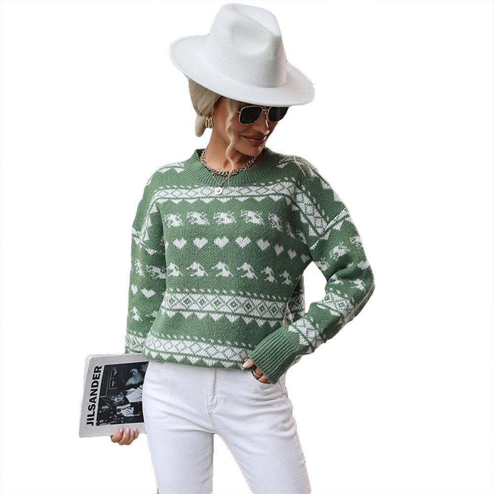 Women Ugly Christmas Sweaters Green Round Neck Pullover Jacquard Top - Ciclove