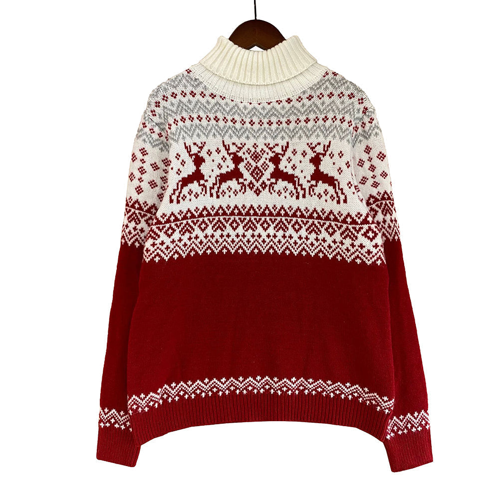 Couple Ugly Christmas Sweaters Loose Long Sleeve Printed Turtleneck Tops - Ciclove