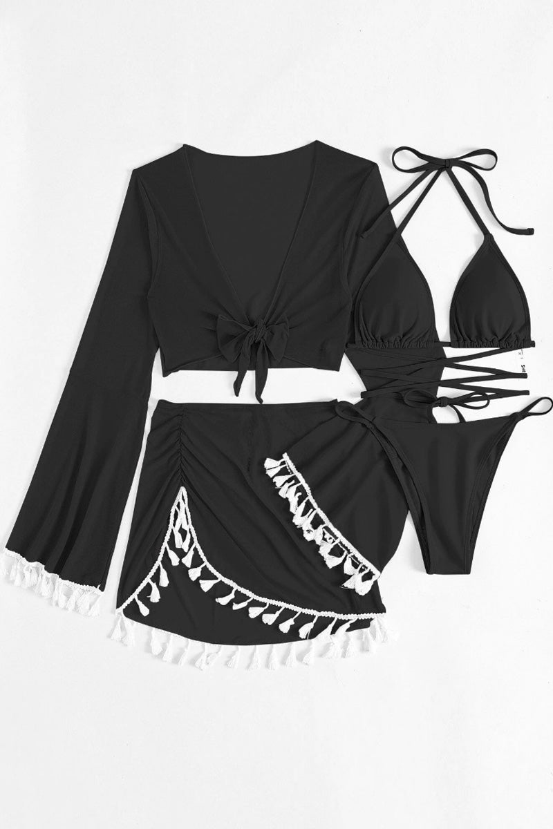 Women's tassel blouse mesh skirt bikini swimsuit four-piece set solid color
