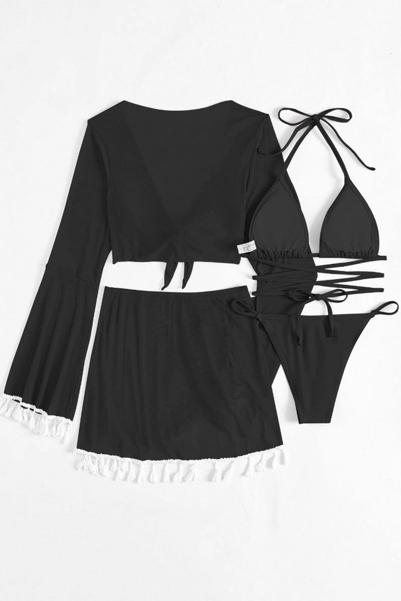 Women's tassel blouse mesh skirt bikini swimsuit four-piece set solid color