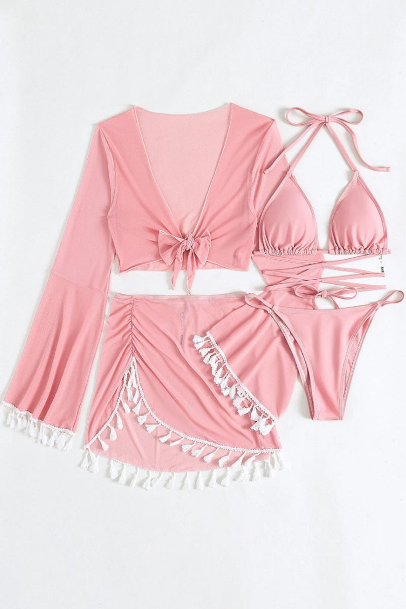 Women's tassel blouse mesh skirt bikini swimsuit four-piece set solid color