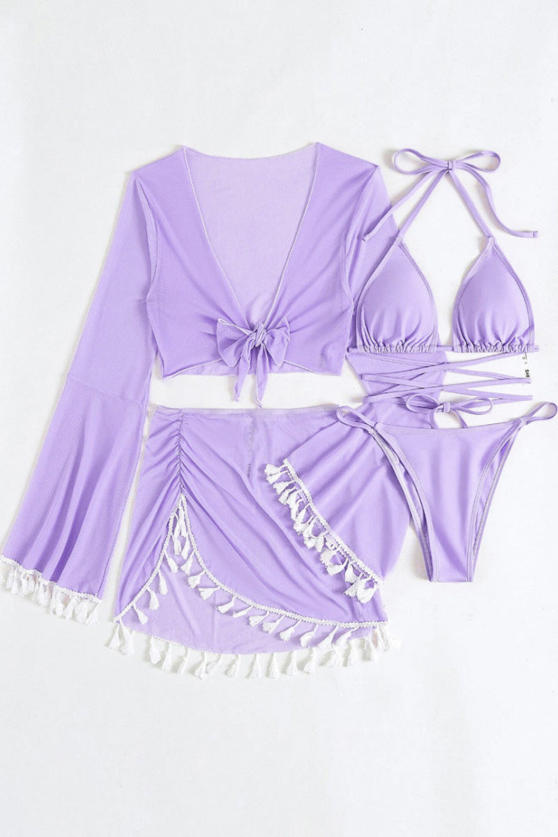 Women's tassel blouse mesh skirt bikini swimsuit four-piece set solid color