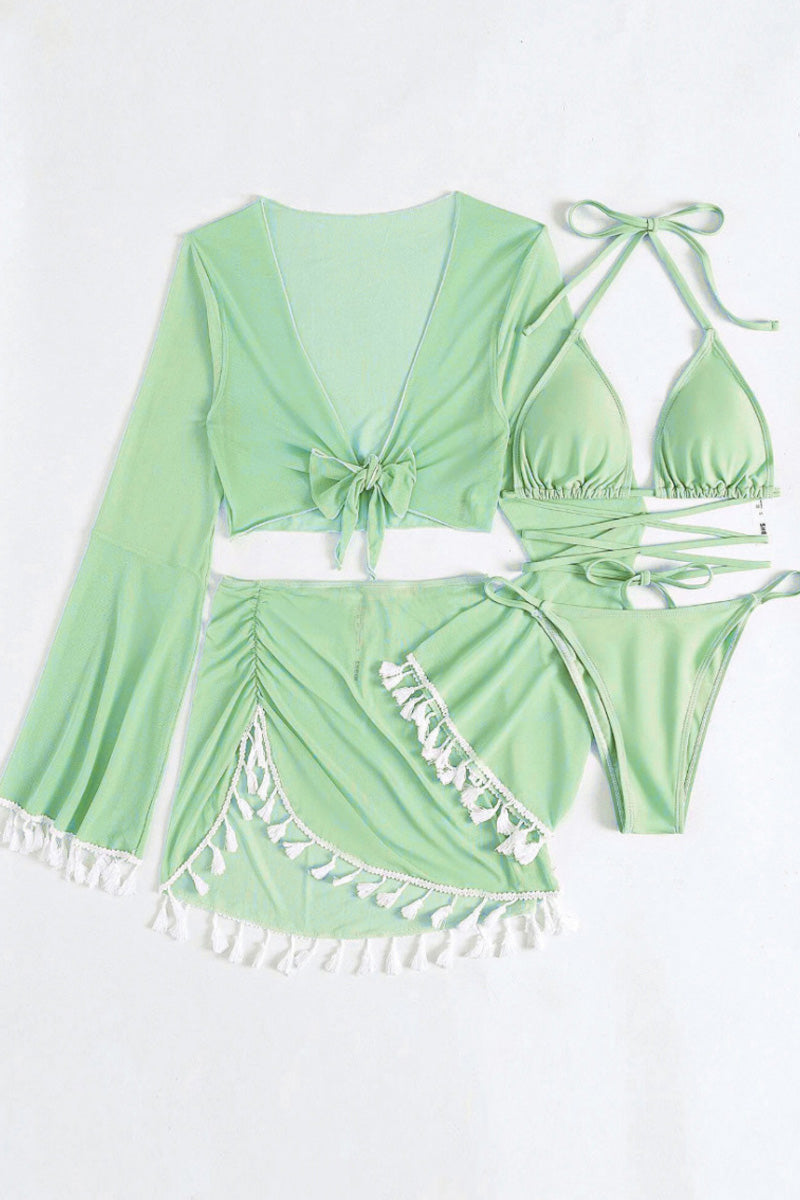 Women's tassel blouse mesh skirt bikini swimsuit four-piece set solid color