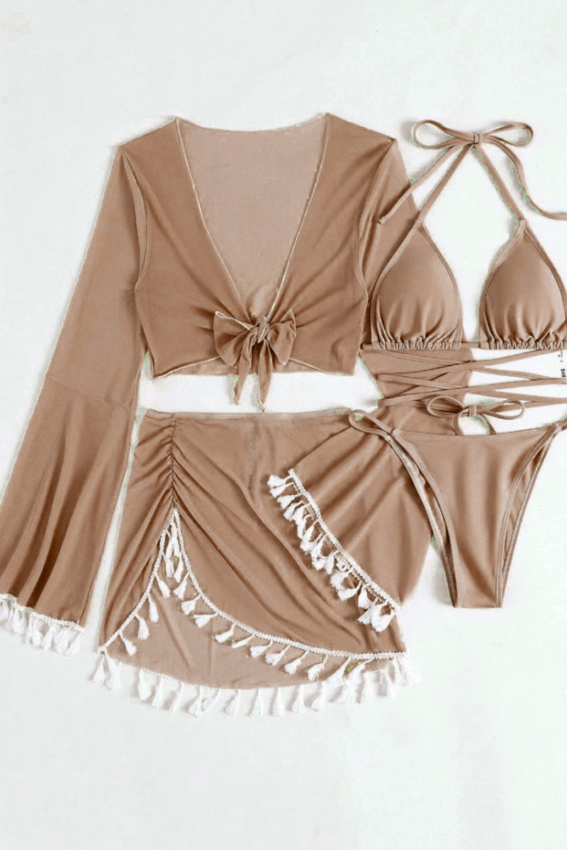 Women's tassel blouse mesh skirt bikini swimsuit four-piece set solid color