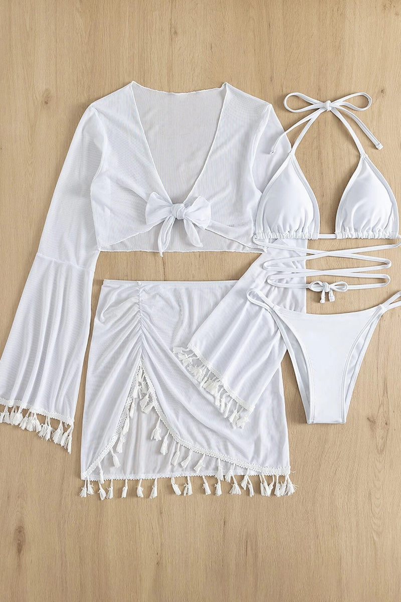 Women's tassel blouse mesh skirt bikini swimsuit four-piece set solid color