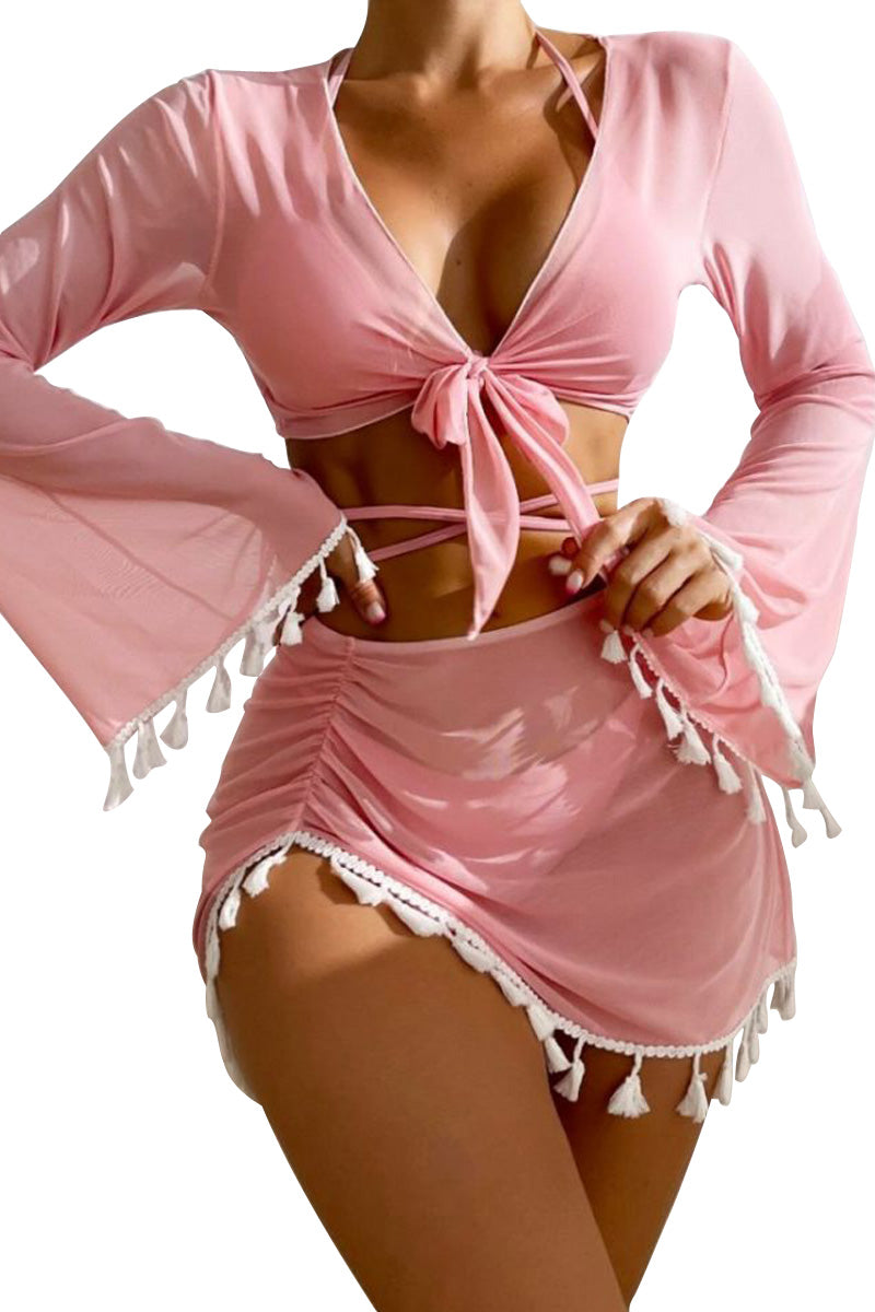 Women's tassel blouse mesh skirt bikini swimsuit four-piece set solid color