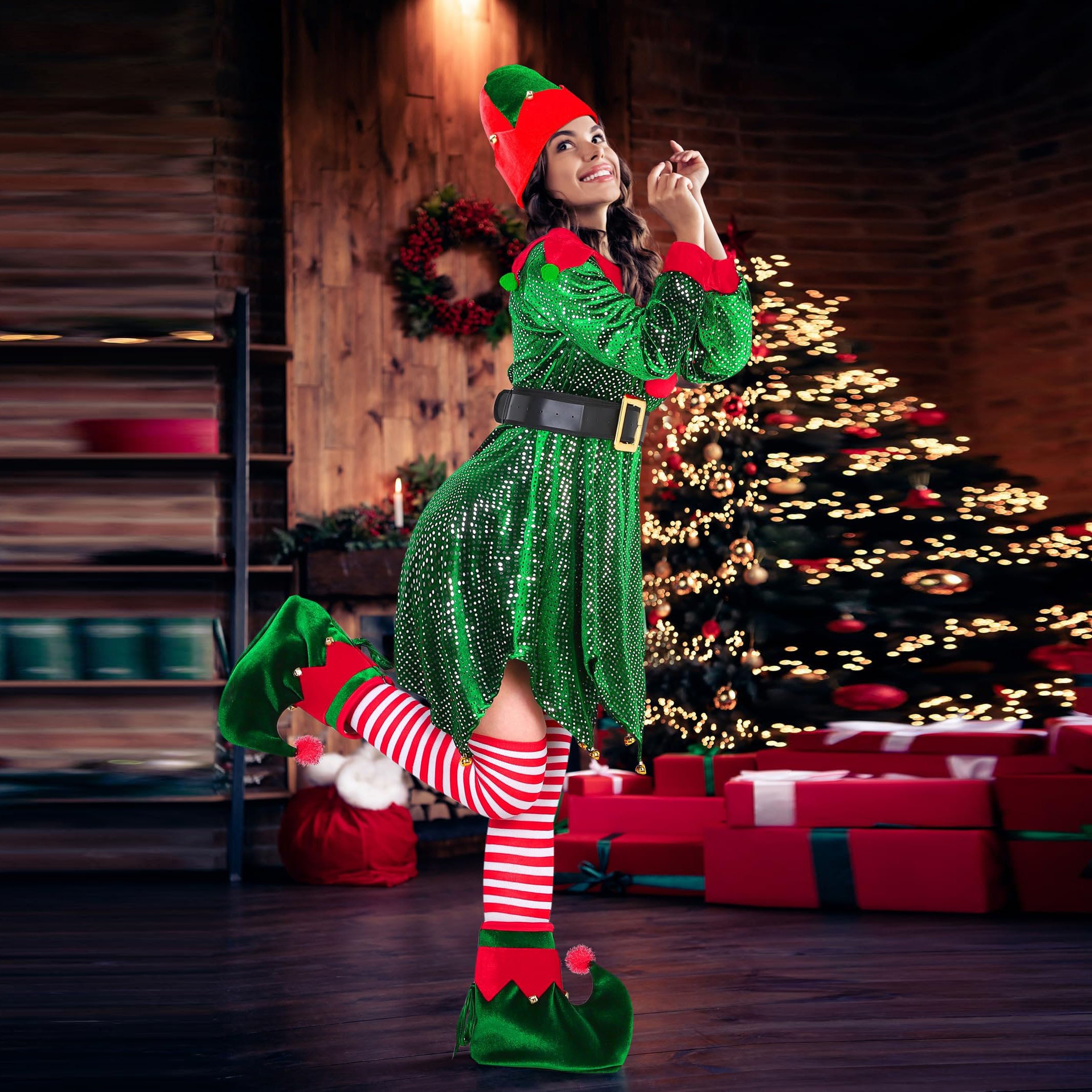 Women Christmas Elf Costume Dress 5pcs Set - Ciclove
