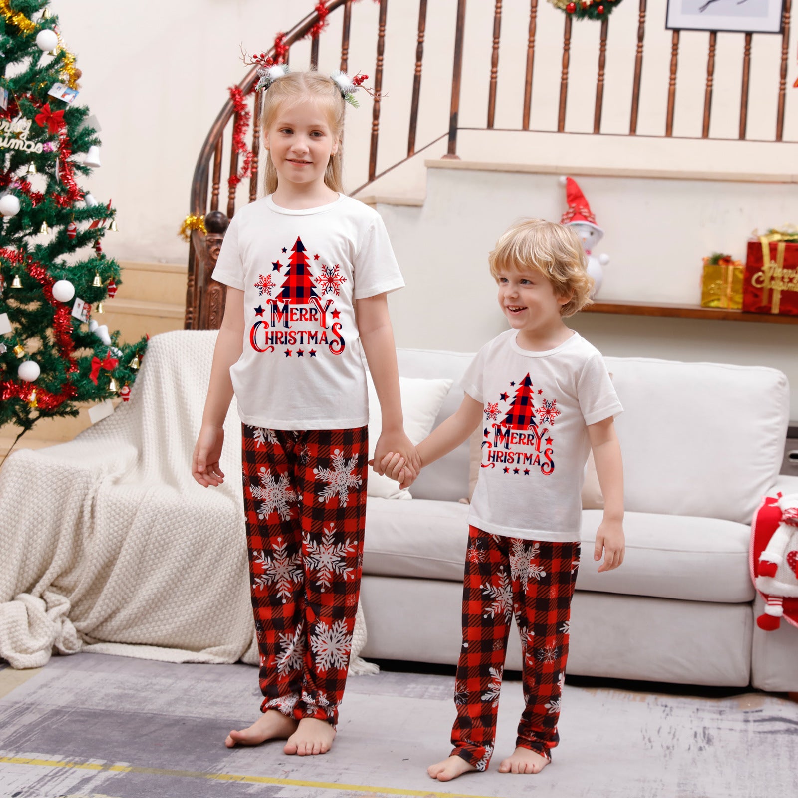Family Matching Pajamas Christmas tree snowflakes Red Black plaid print Sets - Ciclove