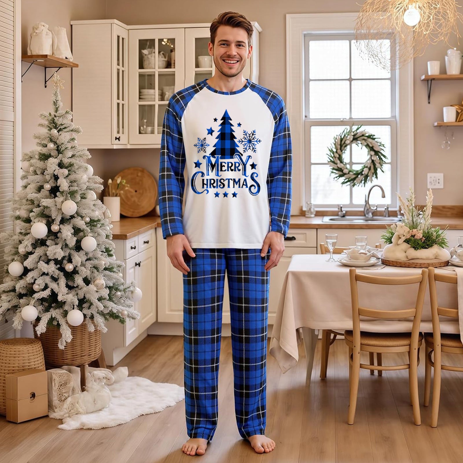 Family Matching Pajamas Christmas Tree Blue Black plaid print Sets - Ciclove