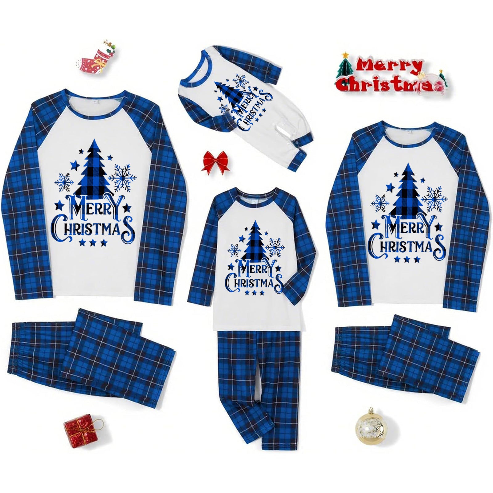 Family Matching Pajamas Christmas Tree Blue Black plaid print Sets - Ciclove