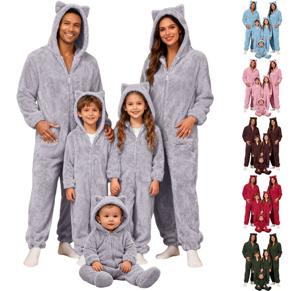 Family Matching Christmas Onesie Adults Pajamas Xmas Ears Hoodies Rompers Flannel Jumpsuit - Ciclove