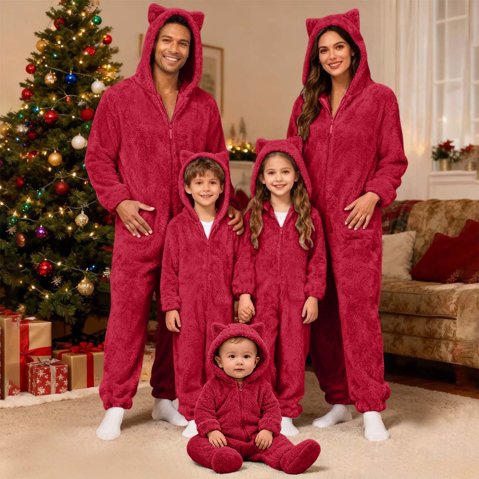 Family Matching Christmas Onesie Adults Pajamas Xmas Ears Hoodies Rompers Flannel Jumpsuit - Ciclove