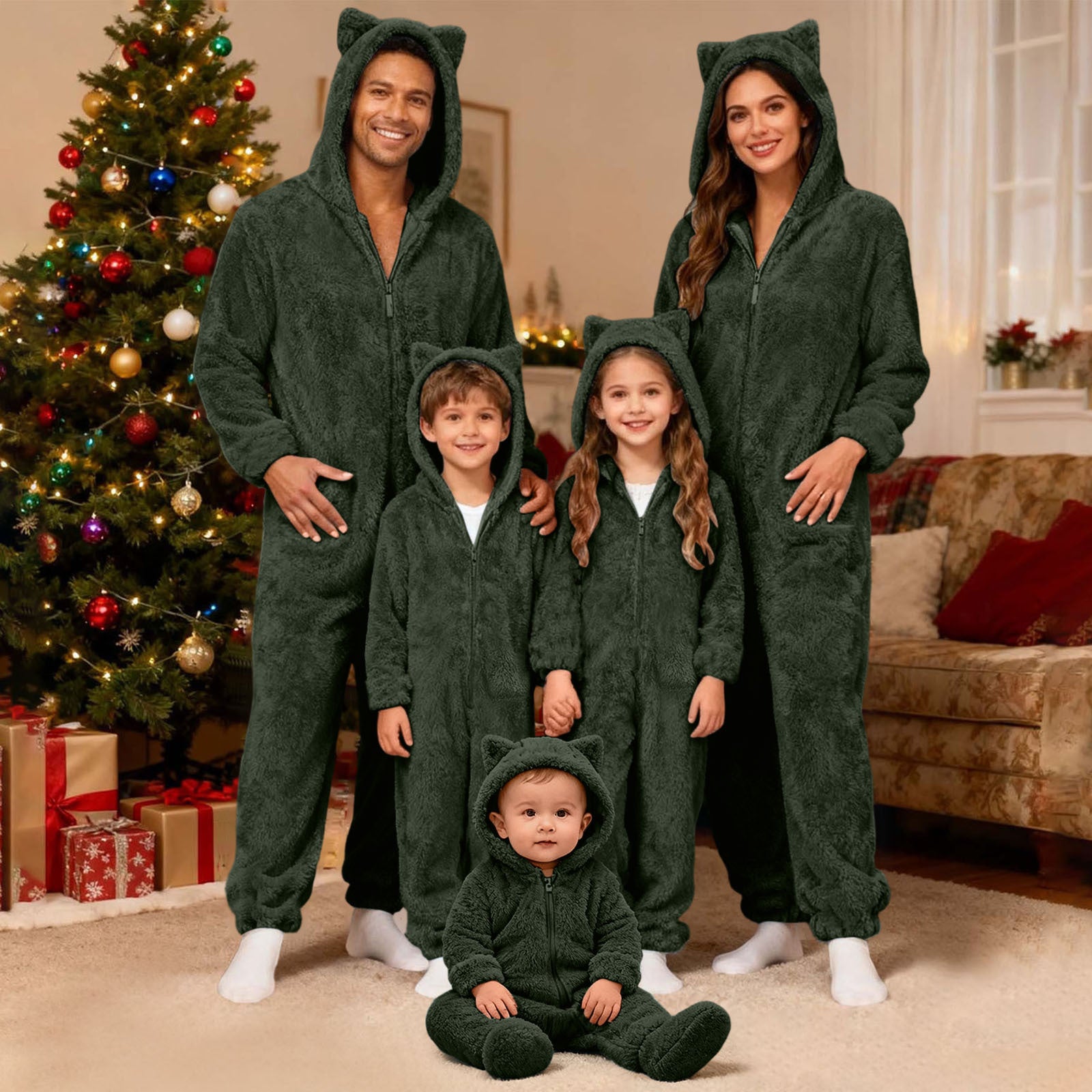 Family Matching Christmas Onesie Adults Pajamas Xmas Ears Hoodies Rompers Flannel Jumpsuit - Ciclove
