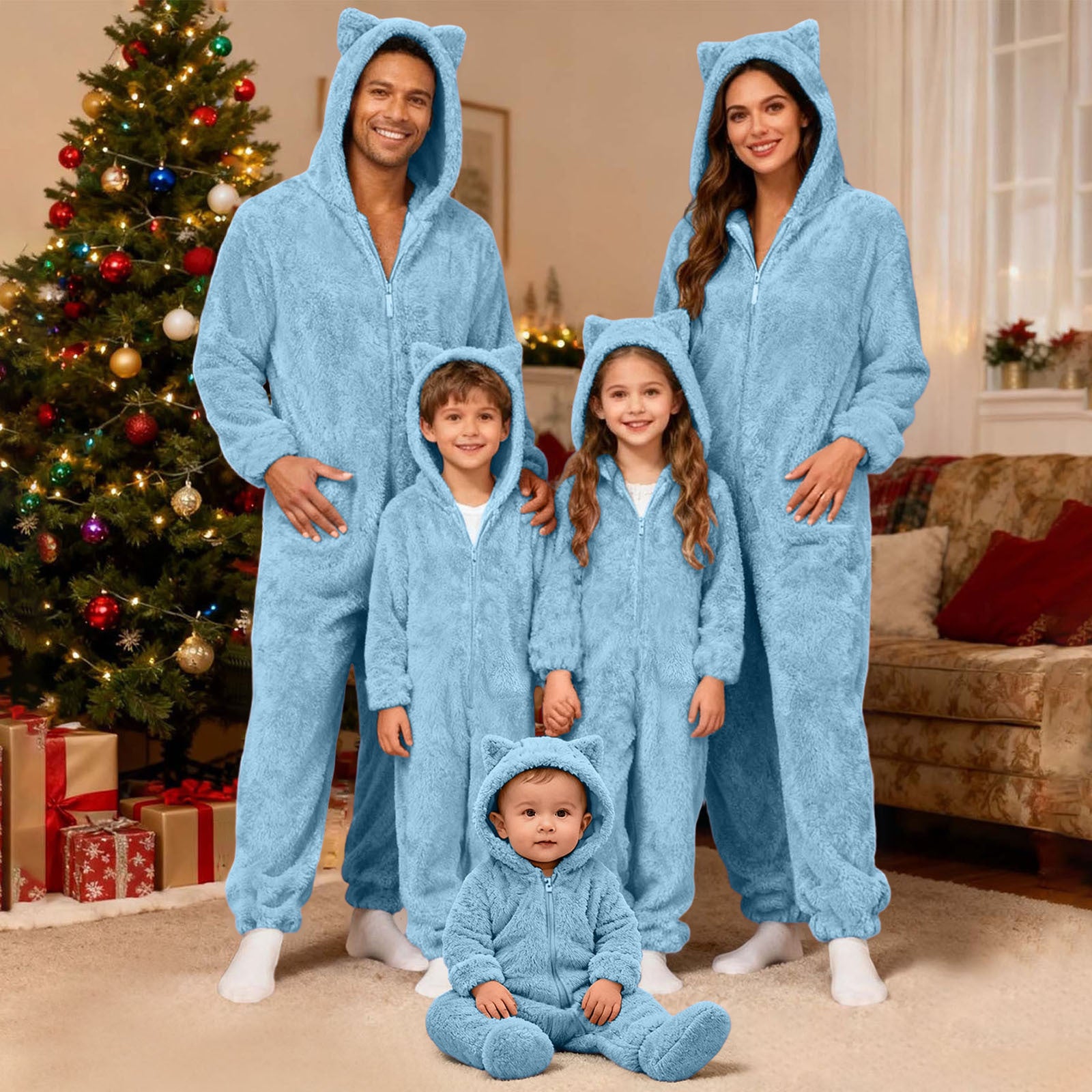 Family Matching Christmas Onesie Adults Pajamas Xmas Ears Hoodies Rompers Flannel Jumpsuit - Ciclove