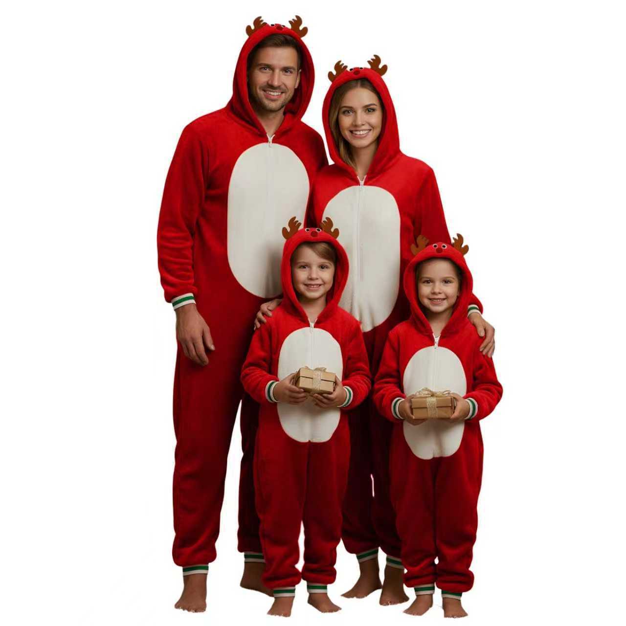 Family Matching Christmas Adults Pajamas Xmas Elk Antlers Hoodies Flannel Jumpsuit - Ciclove