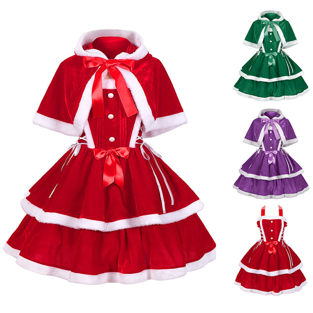 Womens Christmas Lace Up Party Stage Performance Dresses Santa Claus Outfits with Cape - Ciclove