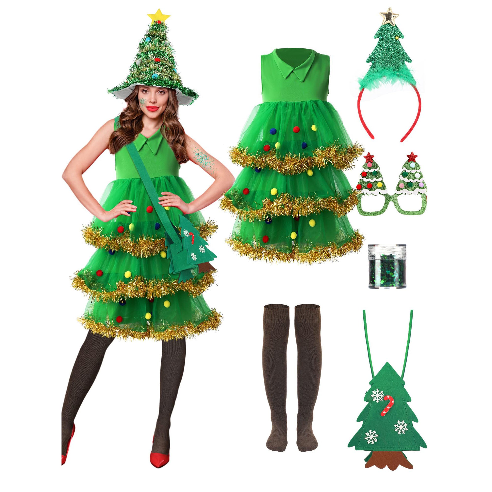 Women 7 Pcs Christmas Tree Costume Set Outfit Dress - Ciclove