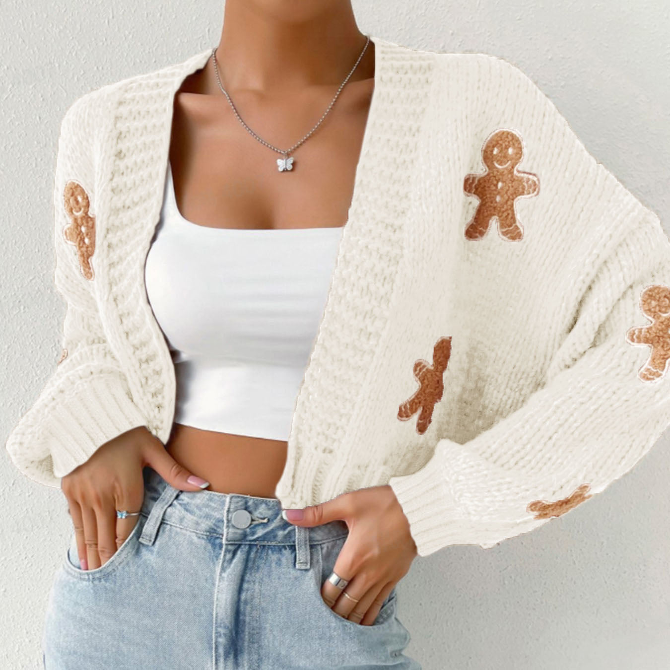 Brown 1960s Gingerbread Cropped Ugly Christmas Sweater Cardigan - Ciclove