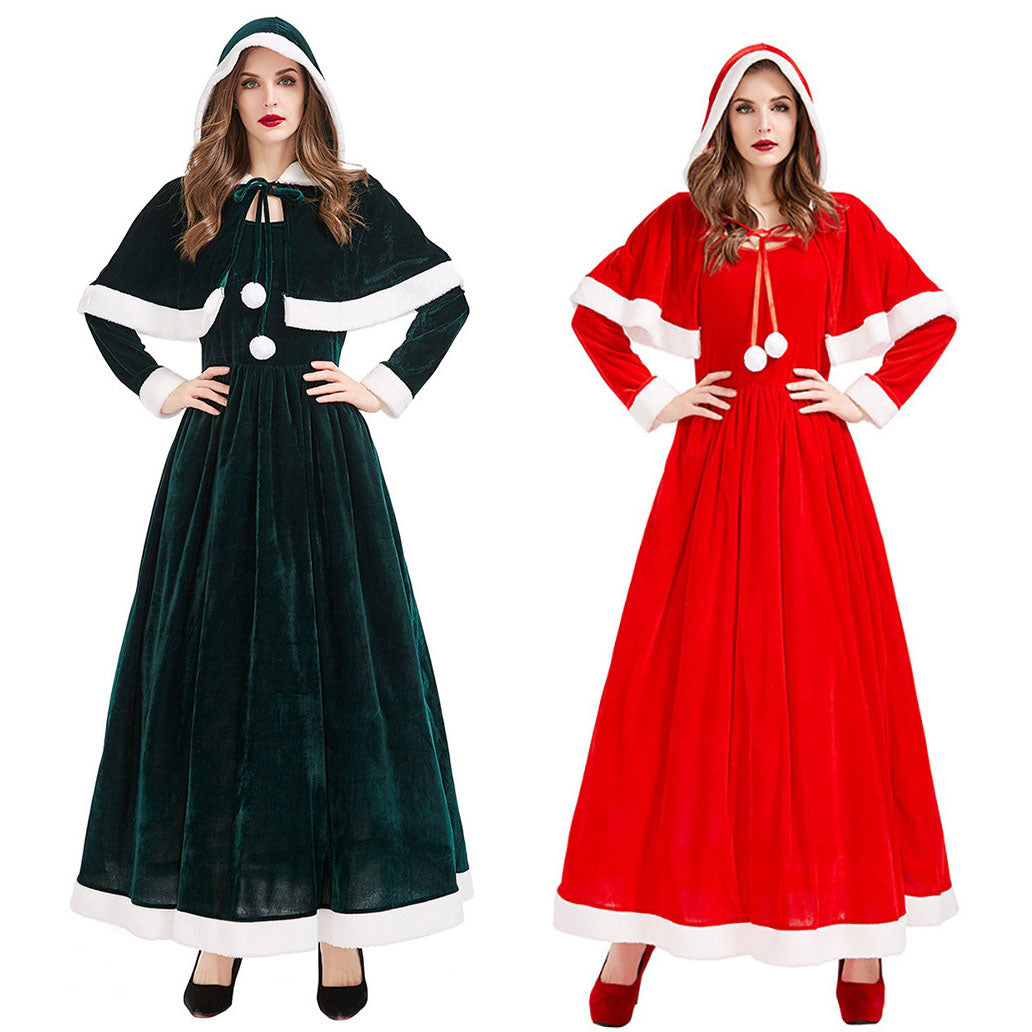 Red Green 1930s Christmas Mrs. Santa Claus Velvet Costumes Dress with Cape - Ciclove