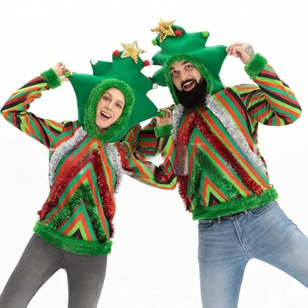 1970s Colorful Ugly Christmas Sweaters Tree 3D Embellished Hoodie - Ciclove