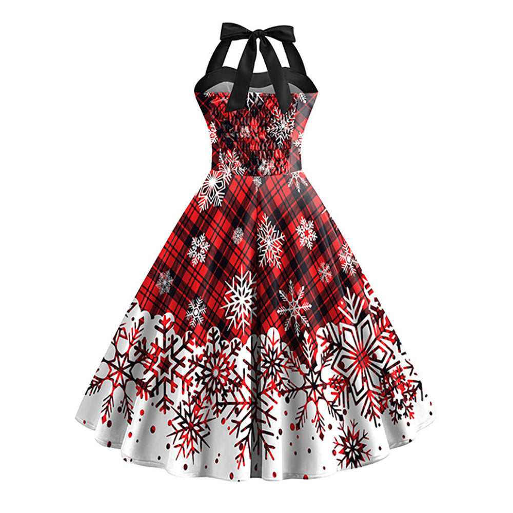 Christmas Black 1950s Snowflake Print Halter Swing Dress - Ciclove
