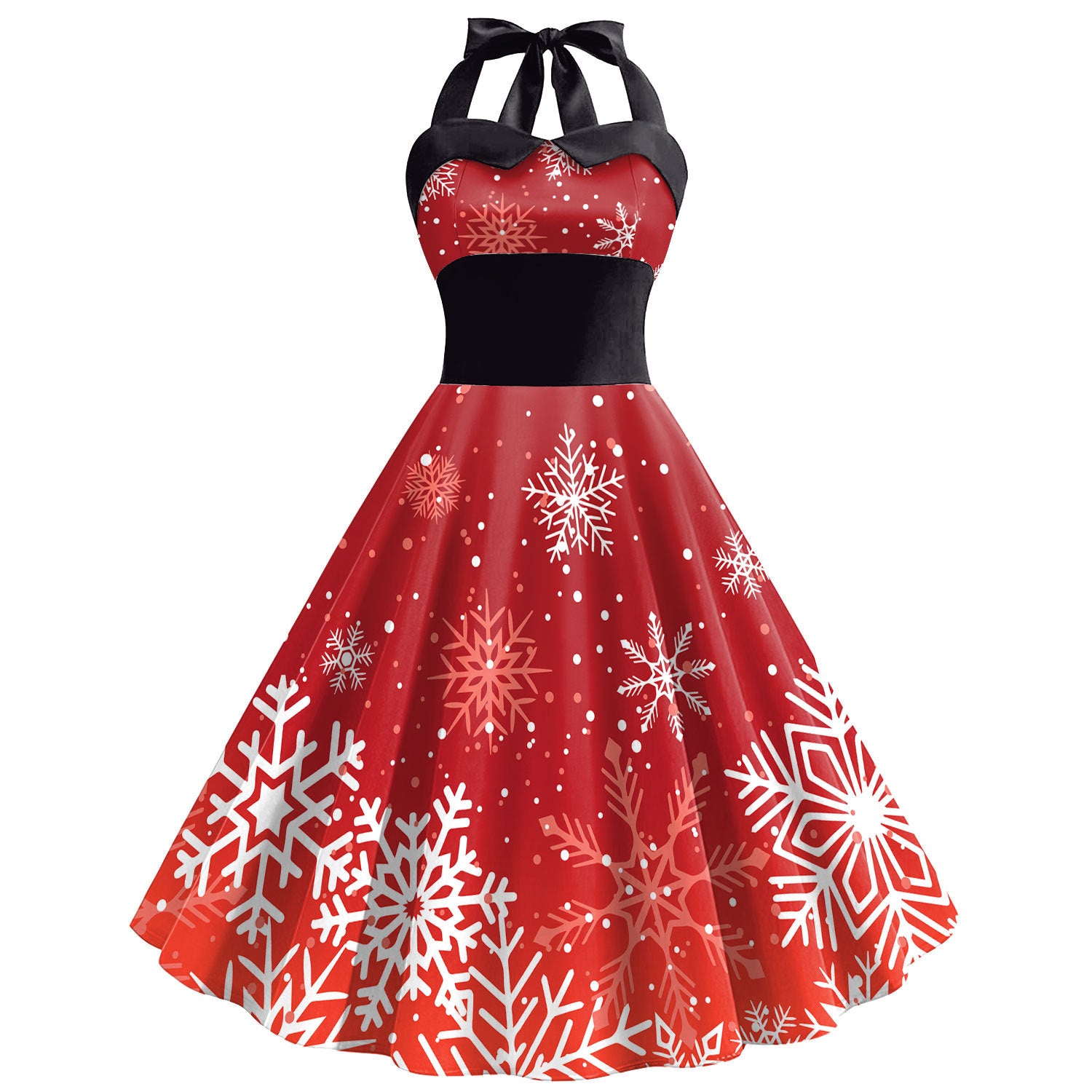 Christmas Black 1950s Snowflake Print Halter Swing Dress - Ciclove