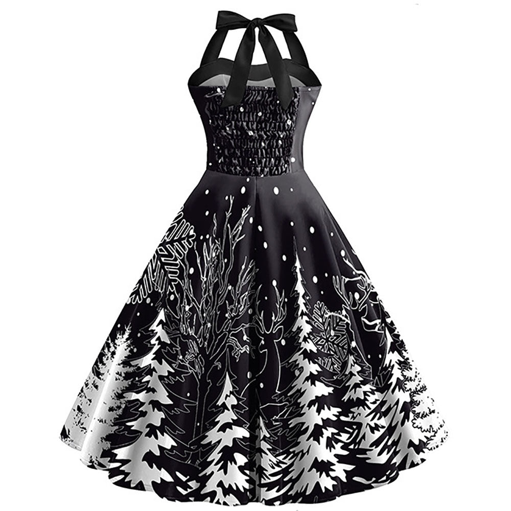 Christmas Black 1950s Snowflake Print Halter Swing Dress - Ciclove