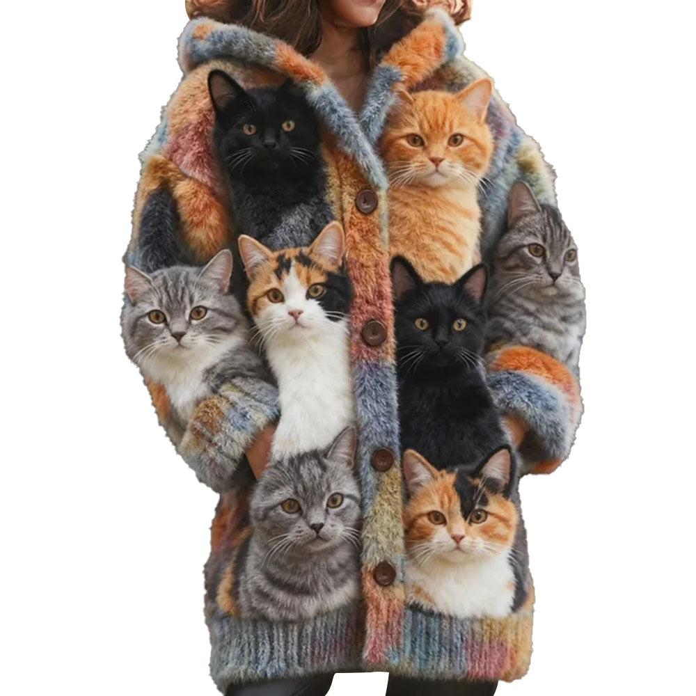 Women's Christmas Probe Cat Fleece Hooded Cardigan Long Sweater - Ciclove