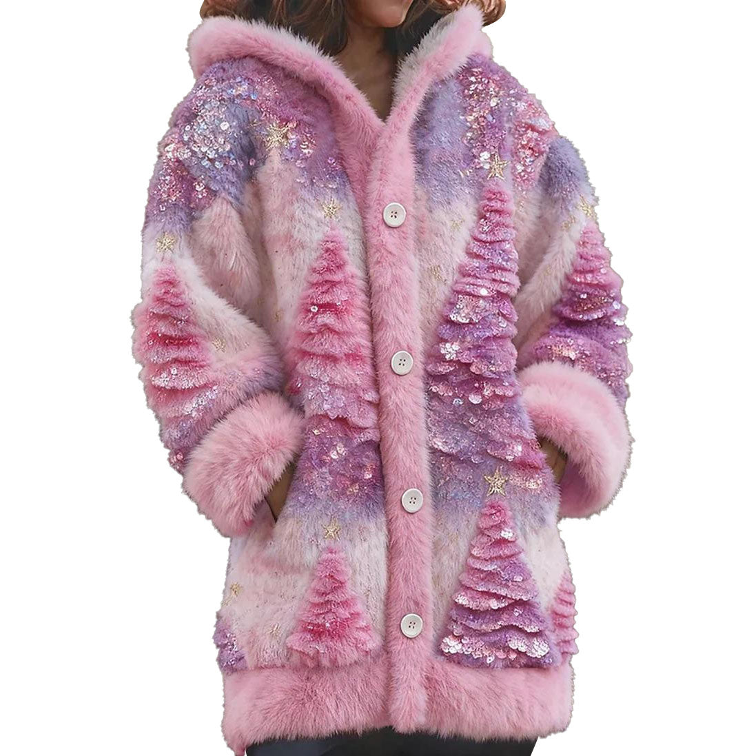 Women's Christmas Probe Cat Fleece Hooded Cardigan Long Sweater - Ciclove