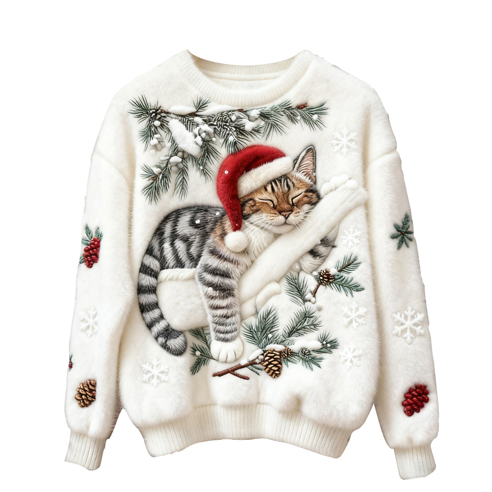 Ugly Women's Christmas Cat Comfortable Crew Neck Sweater - Ciclove