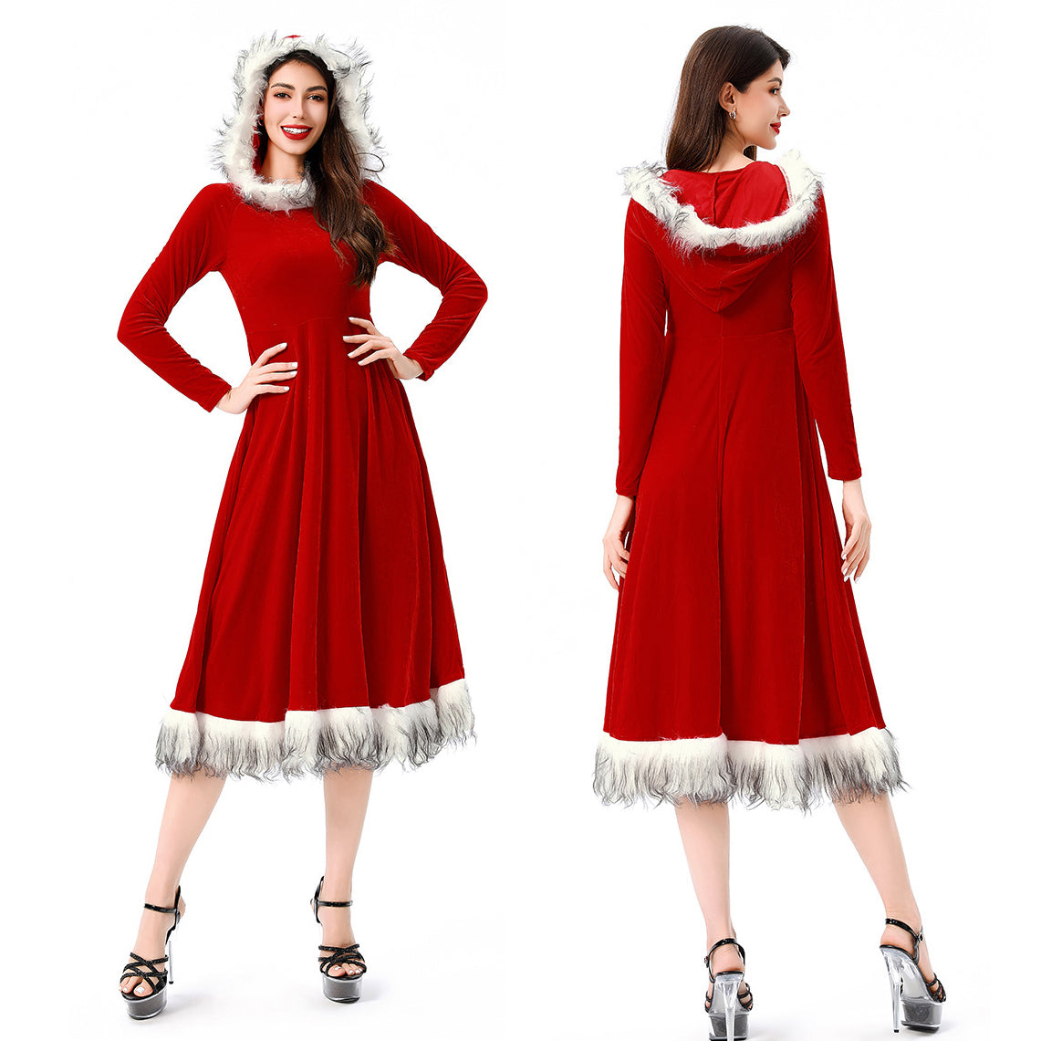 Christmas Red 1970s Christmas Fur Costumes Hooded Dress - Ciclove
