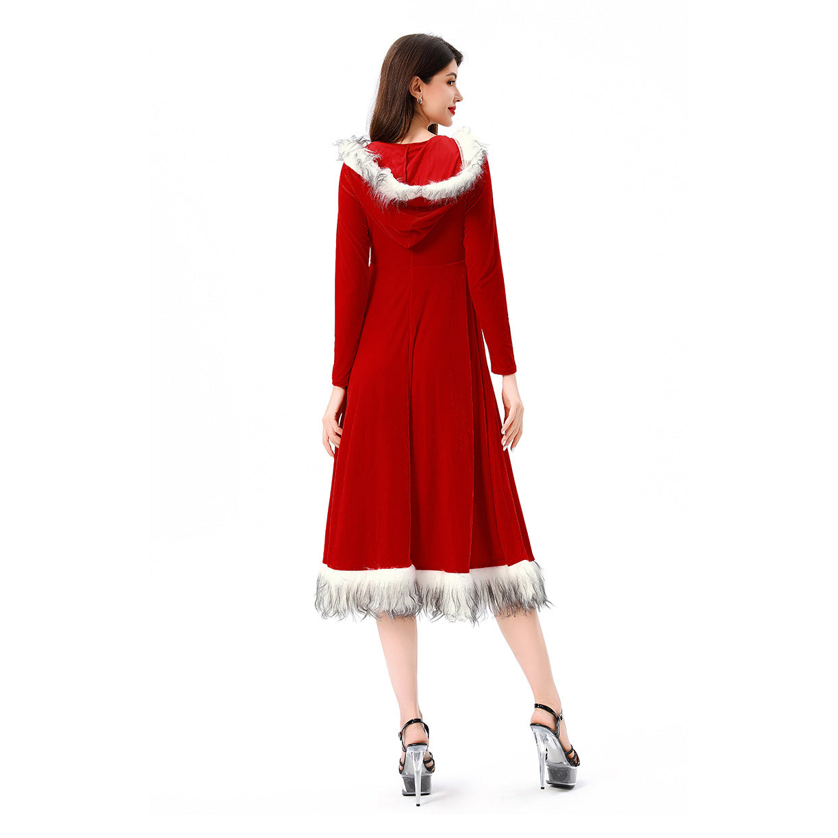 Christmas Red 1970s Christmas Fur Costumes Hooded Dress - Ciclove