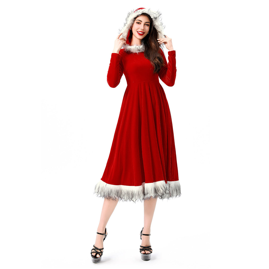 Christmas Red 1970s Christmas Fur Costumes Hooded Dress - Ciclove