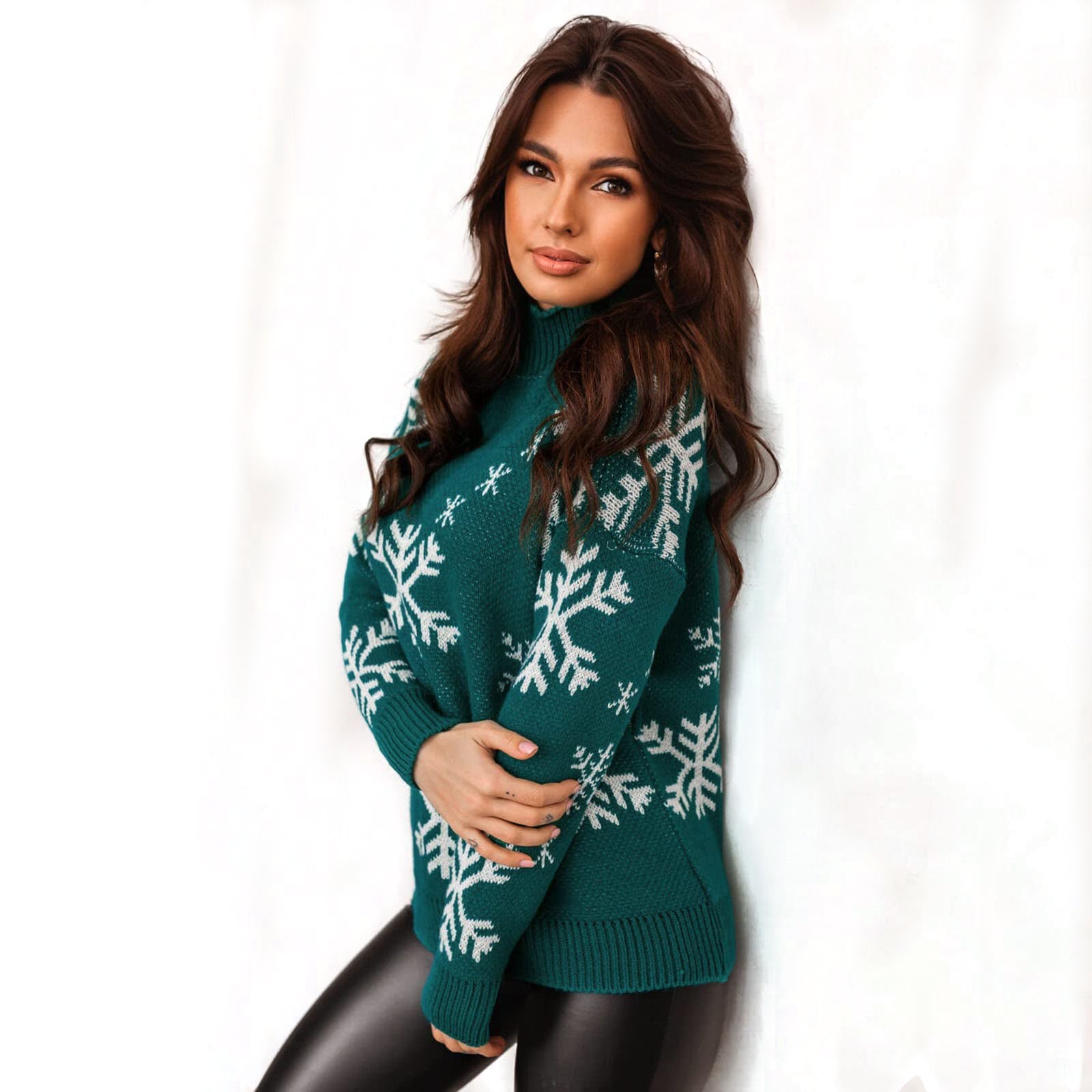 Ugly 1940s Christmas Fleece-Snowflake Turtleneck Sweater - Ciclove