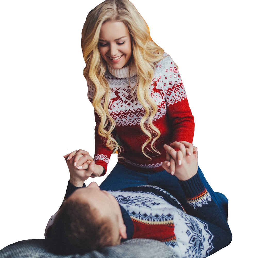 Couple Ugly Christmas Sweaters Loose Long Sleeve Printed Turtleneck Tops - Ciclove