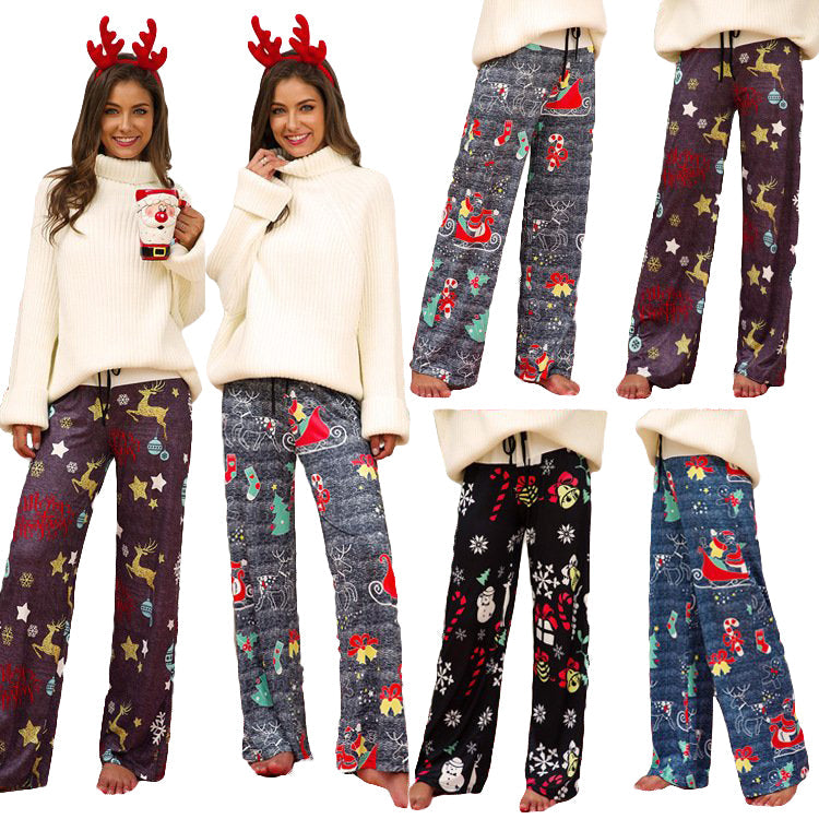 Christmas Costumes Women's Casual Print Belted High Waist Wide Leg Pants - Ciclove