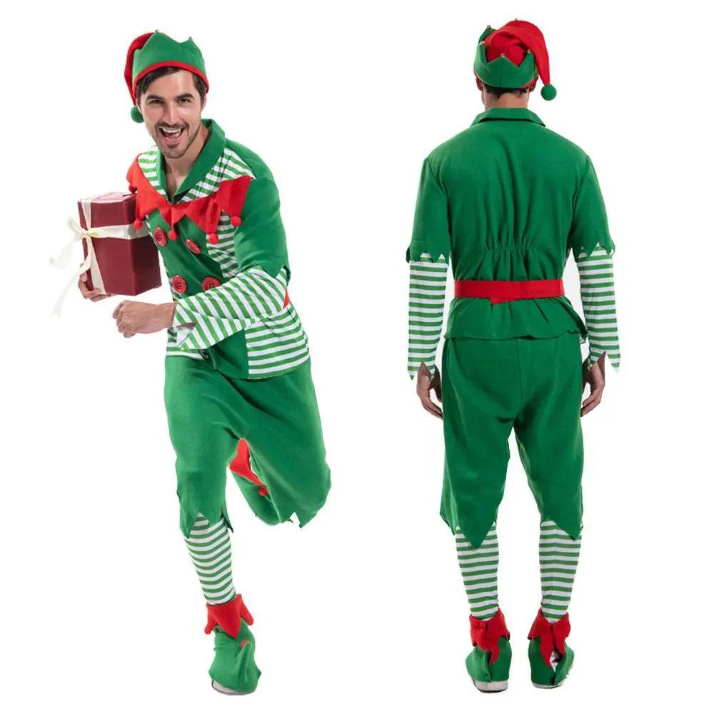 Christmas Elf Adult Men Costume with Elf Hat Stripes Design for Christmas Parties - ciclove