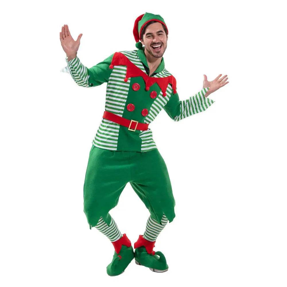 Christmas Elf Adult Men Costume with Elf Hat Stripes Design for Christmas Parties - ciclove