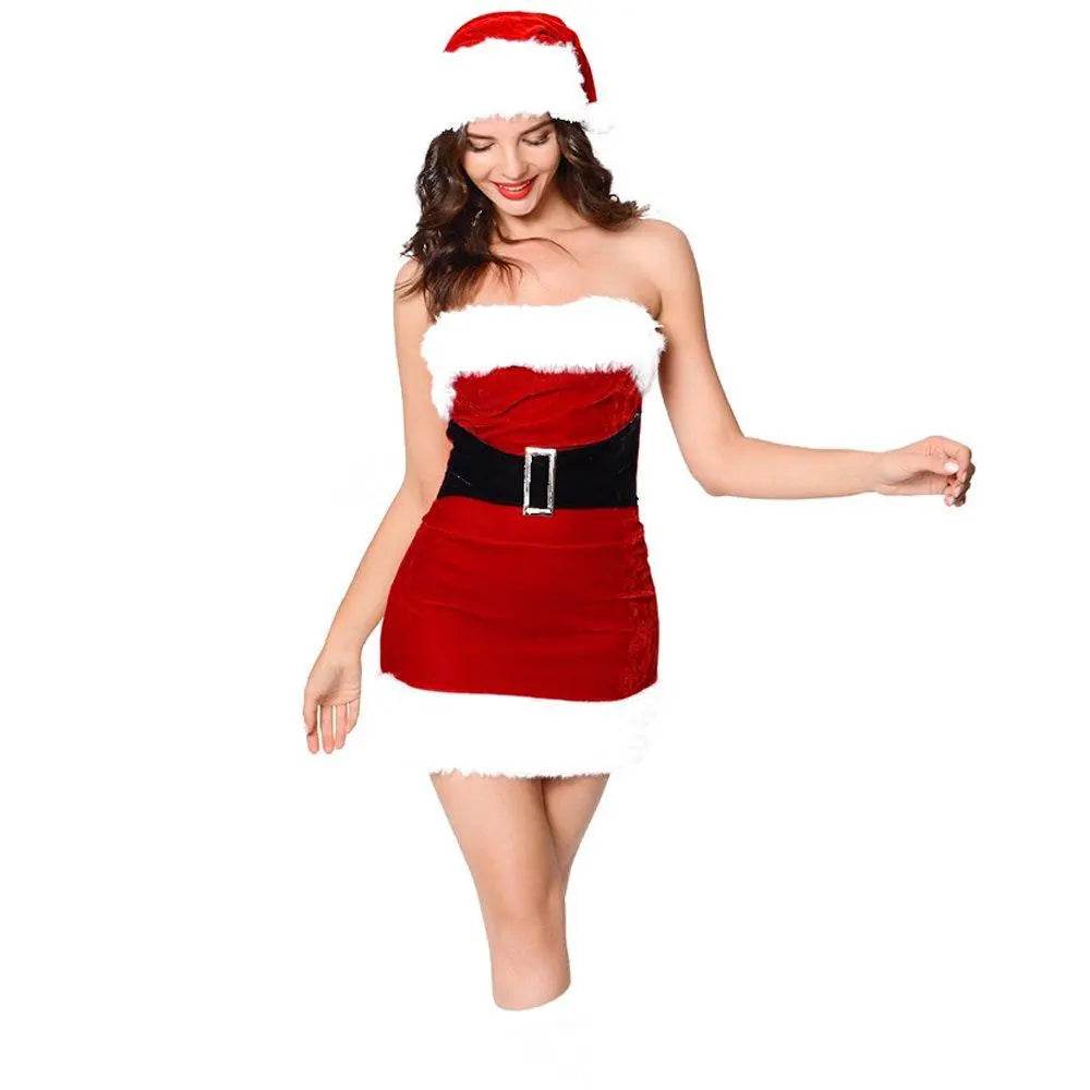 Furry Christmaas Sexy Red Costume Tube Dresses with Chirstmas Hat For Adult - ciclove