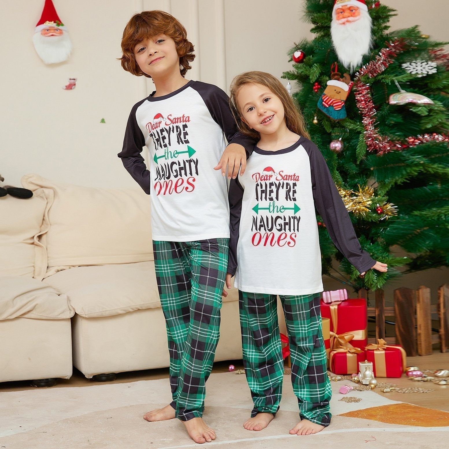 BuyChristmas Letters Green Plaid Print Family Couples Matching Pajamas Party Sets Now Cheaper With 3 - 5 Days Ship - PajamasBuy