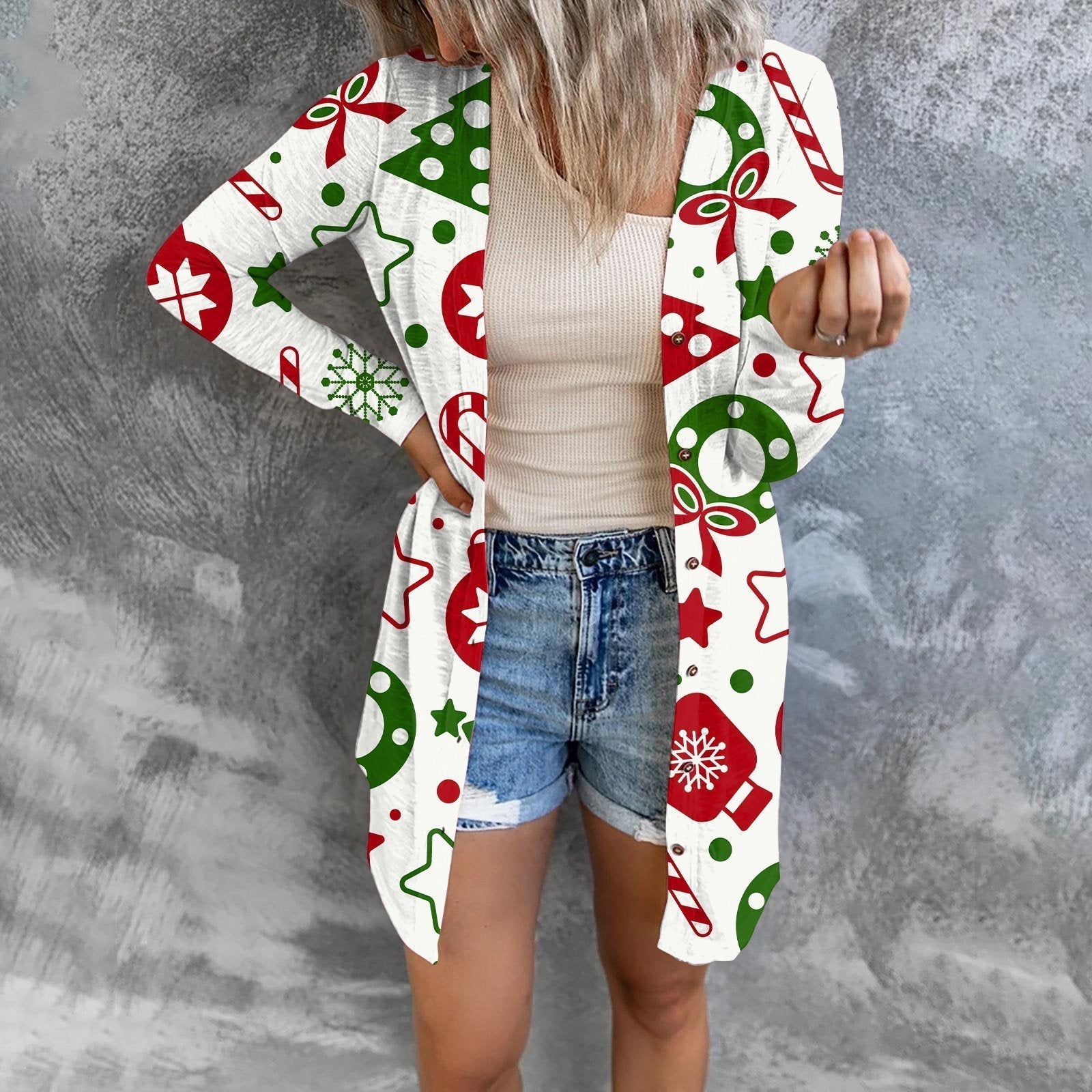 Christmas Print Fashion Button Long-sleeved Button Cardigan Women - Ciclove