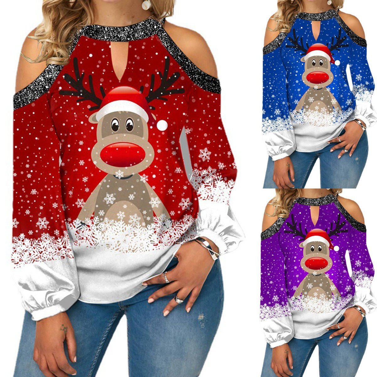 Christmas Women's Clothing Deer Print Sexy Off-shoulder Plus Size Blouse with Lantern Sleeves Sweatshirt - Ciclove