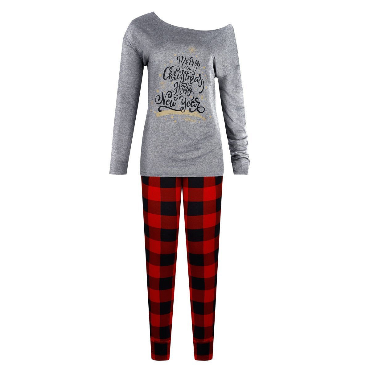 2022 Christmas Pajamas Printed Oblique Shoulder Tops Plaid Pants Casual Suit Women - Ciclove