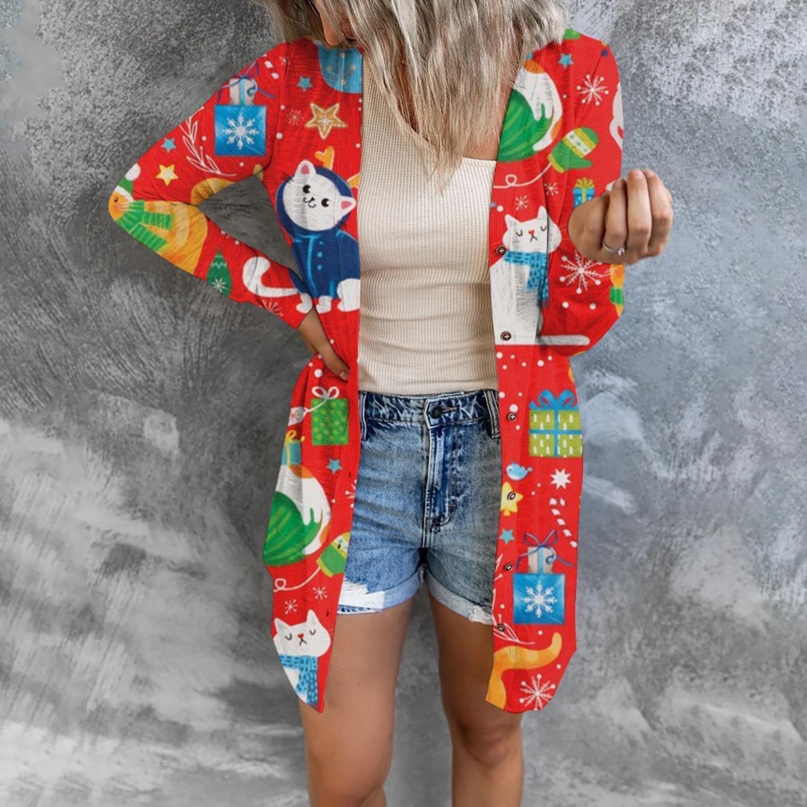 Christmas Print Fashion Button Long-sleeved Button Cardigan Women - Ciclove