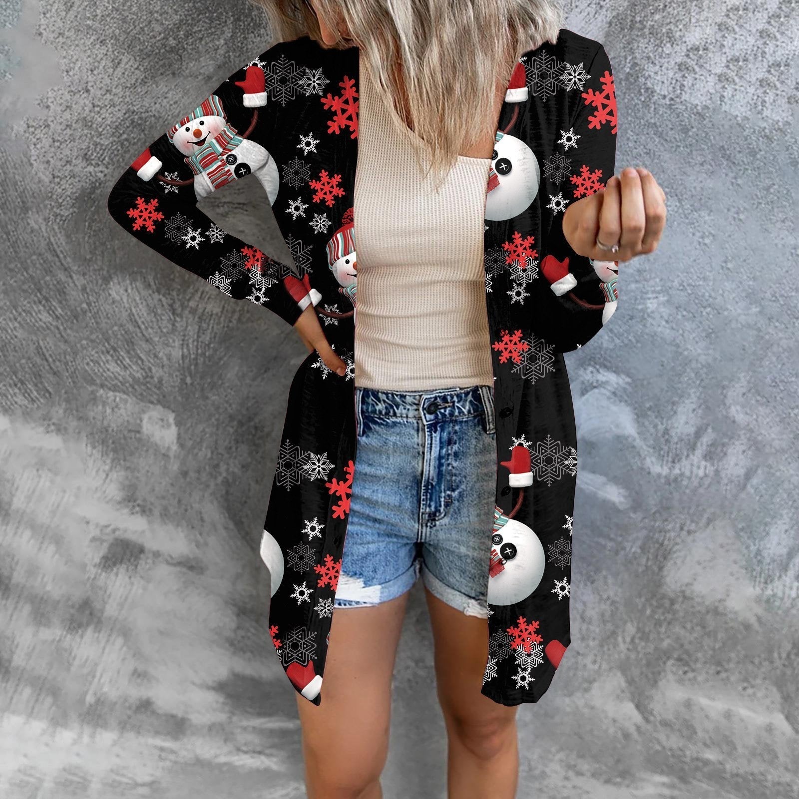 Christmas Print Fashion Button Long-sleeved Button Cardigan Women - Ciclove