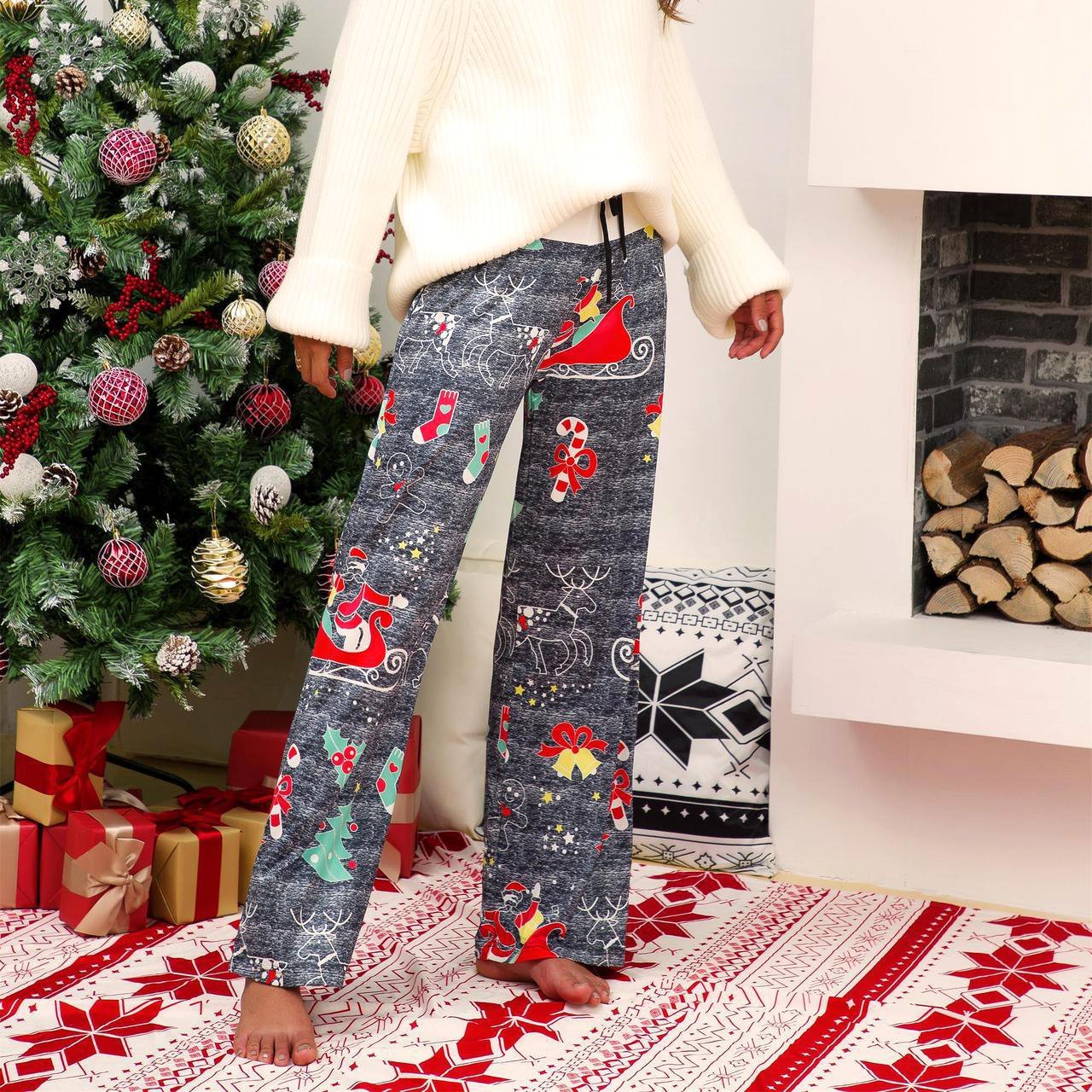 Christmas Costumes Women's Casual Print Belted High Waist Wide Leg Pants - Ciclove