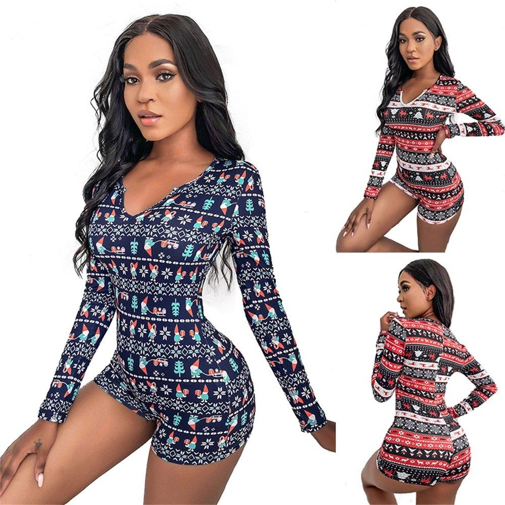 Christmas print jumpsuit long sleeve V-neck jumpsuit women - Ciclove