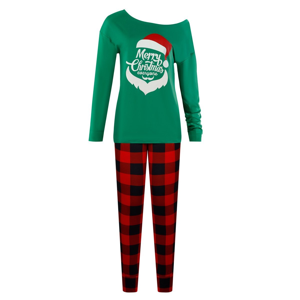 2022 Christmas Pajamas Printed Oblique Shoulder Tops Plaid Pants Casual Suit Women - Ciclove